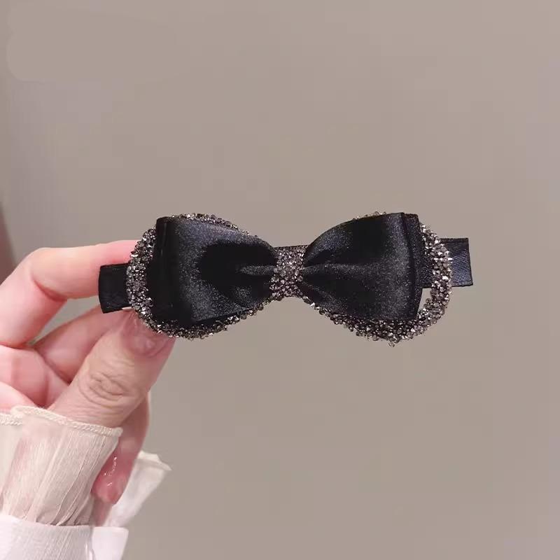 ヘアクリップ レディース 高級感 ジルコニアリボン ブラック バレッタ 布製 後頭部 まとめ髪 ハーフアップ スプリングクリップ 韓国風 フェミニン ハンドメイド