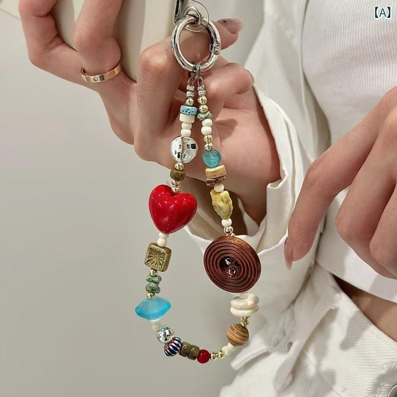 スマホストラップ レディース 女性用 ヴィンテージ風 チェコガラス ビーズ アクリル 手作り ハンドメイド 幾何学デザイン おしゃれ かわいい スマホチャーム キーホルダー バッグチャーム 鞄チャーム 飾り 普段使い
