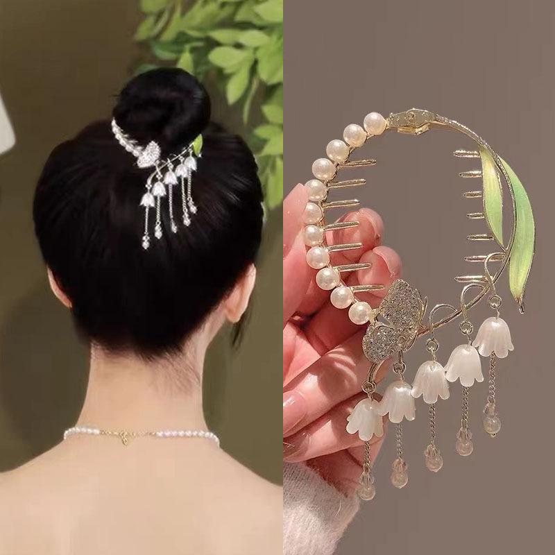 ヘアアクセサリー レディース スズラン 花 フリンジ ポニーテールクリップ 韓国風 上品 エレガント まとめ髪 お団子ヘア 髪留め