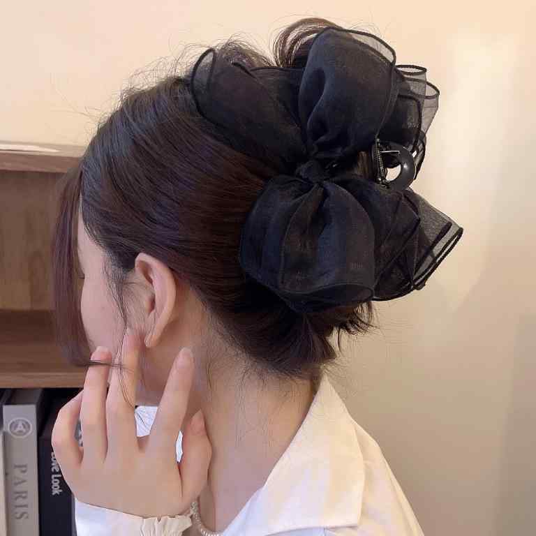 ヘアクリップ レディース エレガント 高級感 メッシュ リボン 布製 韓国風 プリンセス風 バンスクリッ..