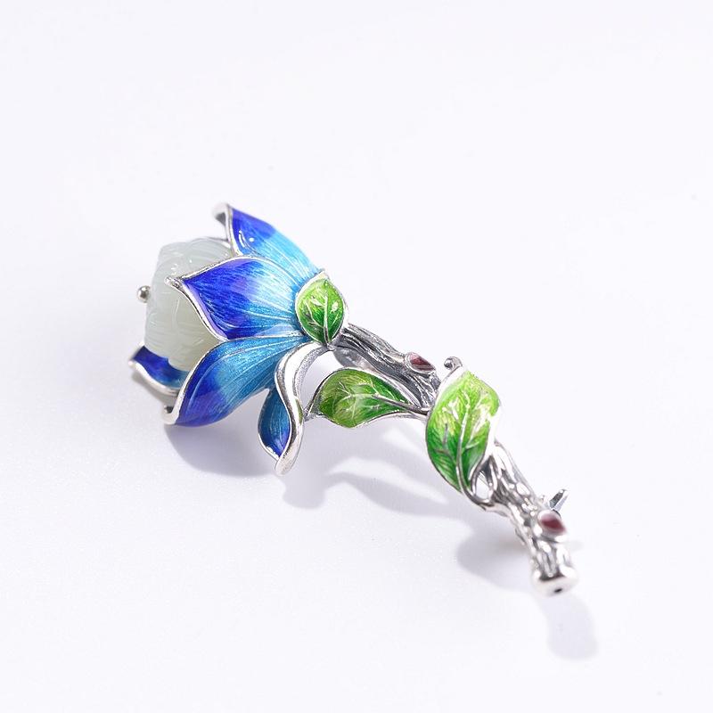 2WAYブローチペンダント レディース S925シルバー 景泰藍 和田玉 蓮の花モチーフ 中華風 民族衣装 チャイナドレス レトロ アンティーク調 服飾小物