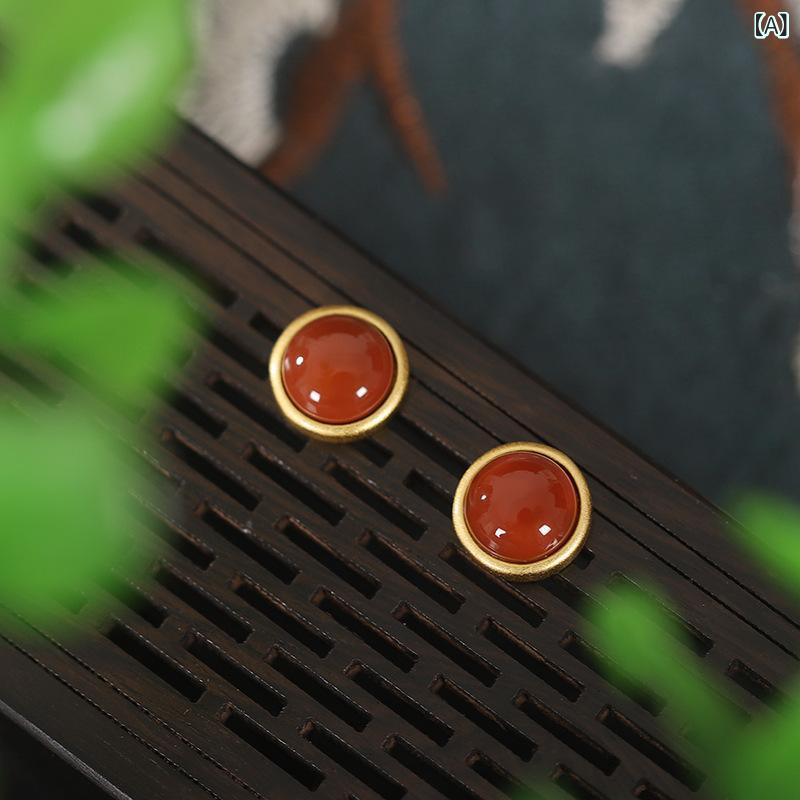 セキュアデポのピアス レディース S925純銀 金メッキ 南紅瑪瑙 埋め込み 円形 カボション シンプル おしゃれ 上品 古法加工 レトロ オフィス 通勤 ビジネス｜アングル2