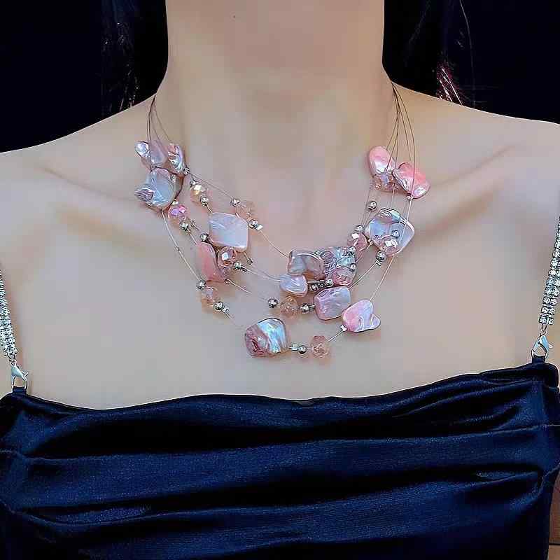 ネックレス ピアス セット 男女兼用 重ね付け 水晶 シェル 貝殻 パール アクセサリー 欧米風 ボヘミアン ファッション 通勤 ブルー ベージュ ピンク