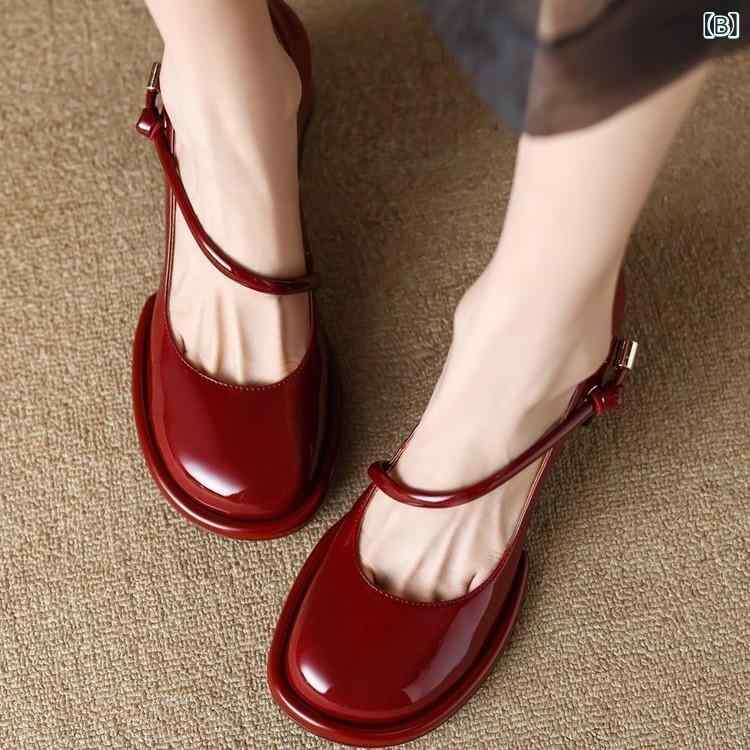 メリージェーン パンプス レディース 太ヒール チャンキーヒール ミドルヒール ラウンドトゥ エナメル 浅履き ワンストラップ フレンチ レトロ クラシカル ブリティッシュ 制服 スクール 春夏