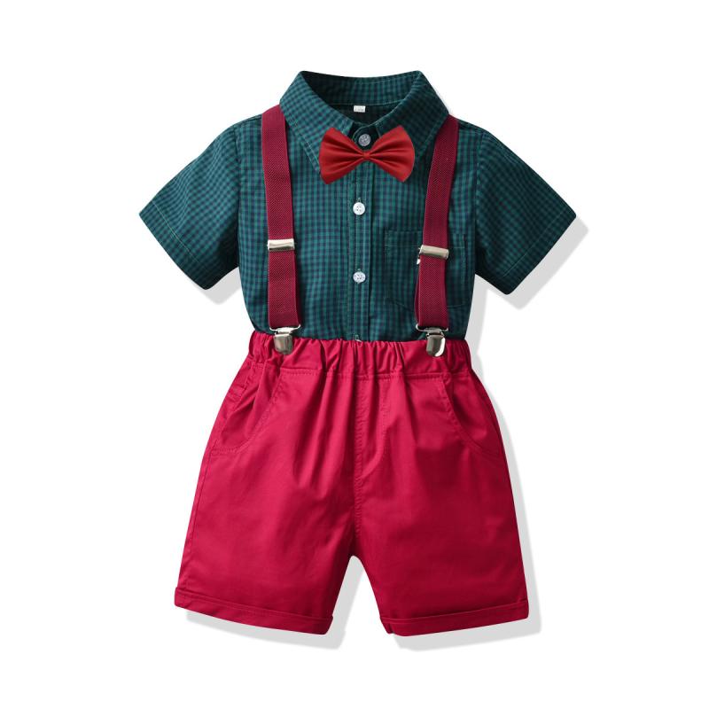 キッズ フォーマルスーツ 男の子 夏物 やわらか素材 チェック柄 シャツ 蝶ネクタイ サスペンダーパンツ セットアップ セレモニー 結婚式 発表会 入園式 卒園式 七五三 お出かけ コットン グリーン