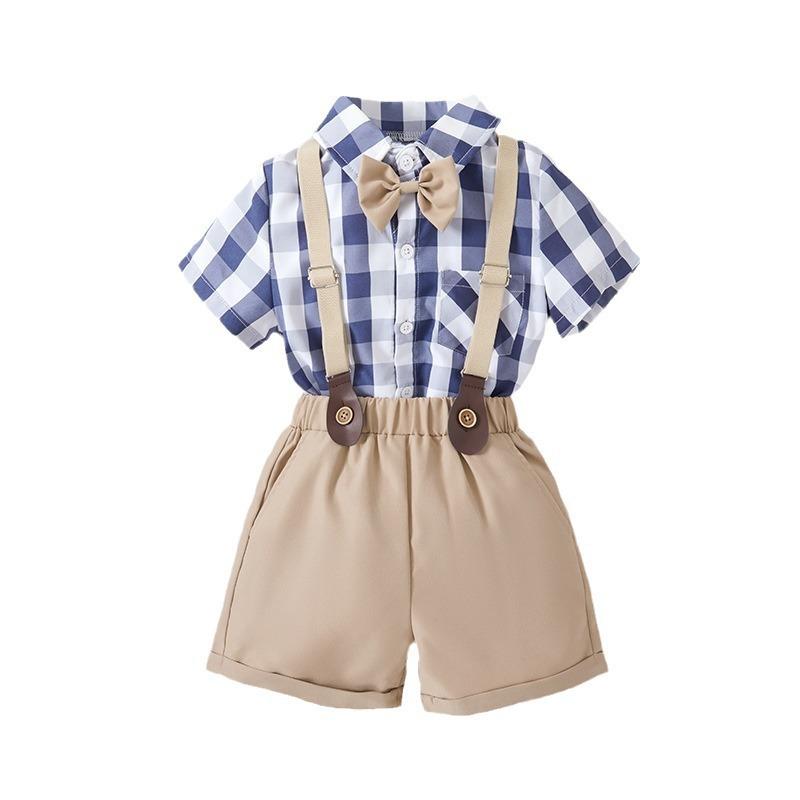 キッズ 男の子 ベビー 紳士 フォーマル 礼服 夏用 チェック柄 半袖 シャツ サスペンダーパンツ セットアップ 発表会 結婚式 誕生日 セレモニー 蝶ネクタイ付き 綿素材 柔らかい ブルー