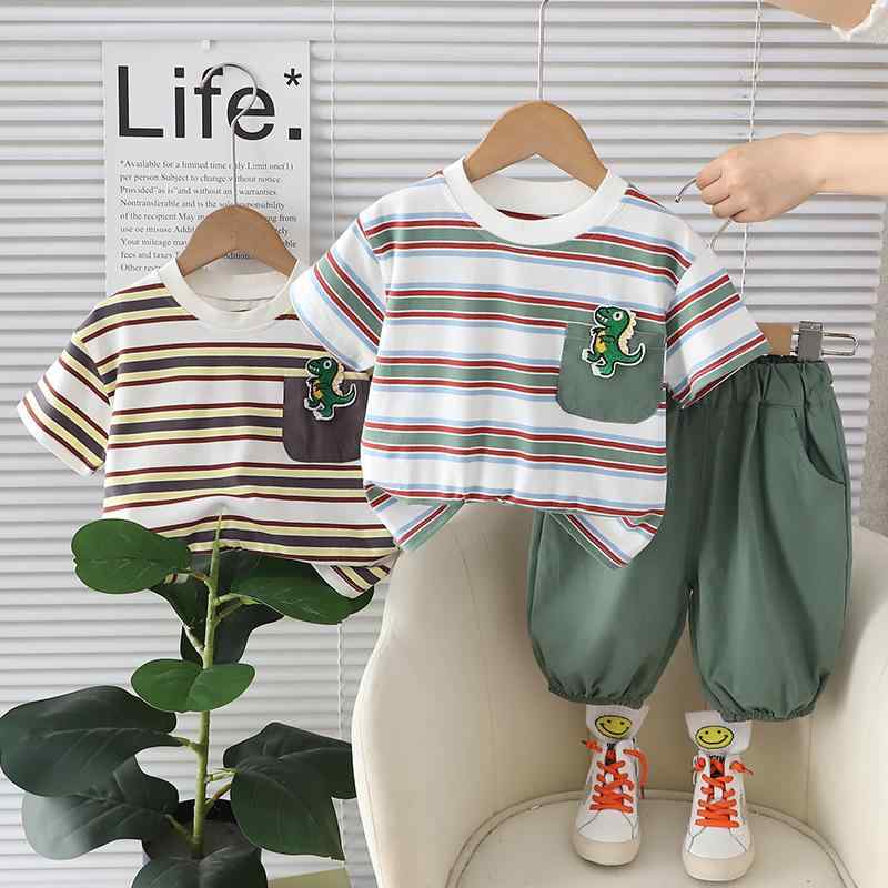 ベビー 男の子 半袖Tシャツ 綿95% 柔らか素材 薄手 夏 カジュアル 上下セット 2点...