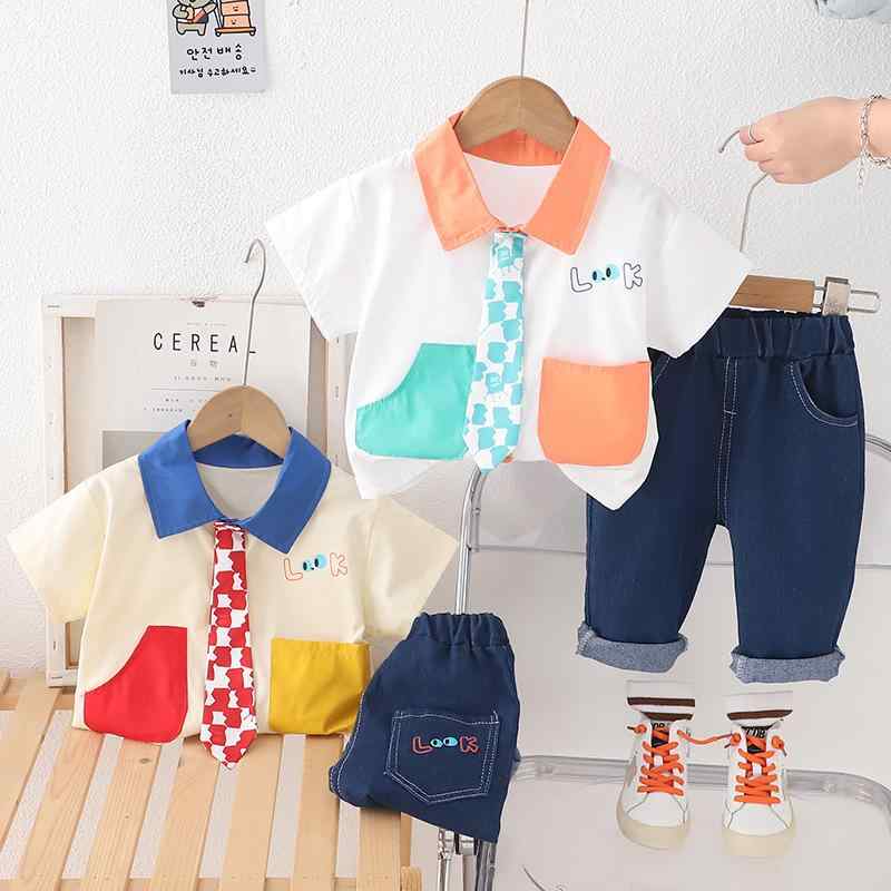 キッズ セットアップ ベビー 男の子 春夏 薄手 韓国風 カジュアル ポロシャツ 半袖 襟付き ネクタイ付き 2点セット パンツ 綿 コットン 柔らかい 無地 80 90 100 オレンジ ブルー