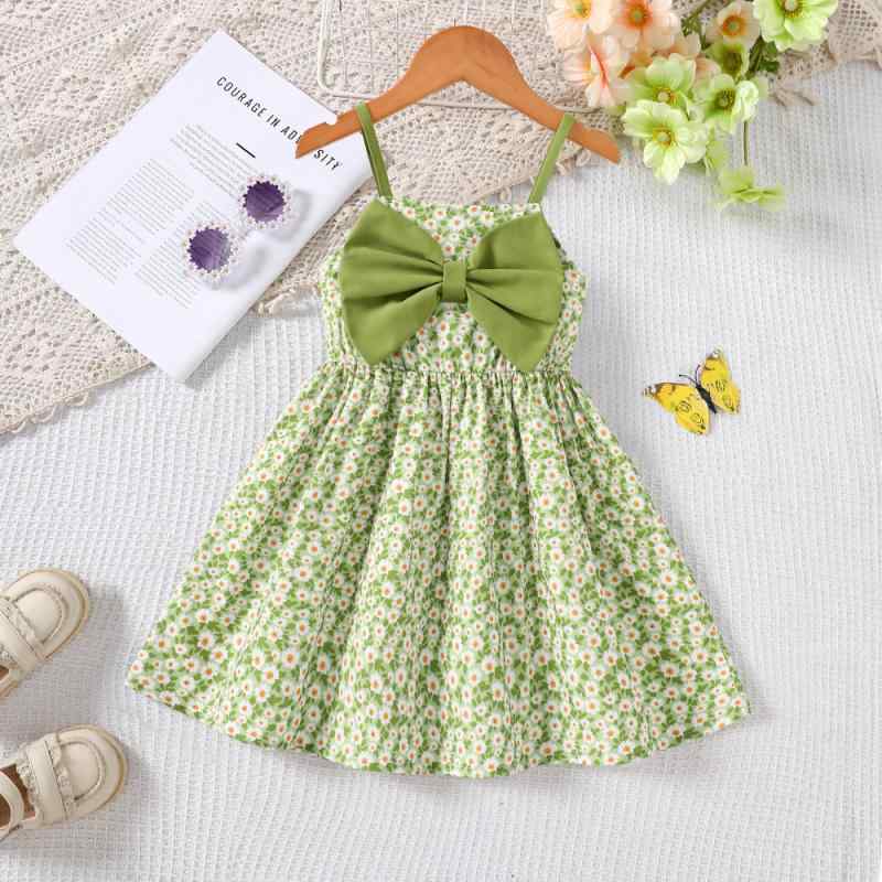 원피스 키즈 소녀 봄 여름 큰 리본 꽃무늬 프린트 A라인 캐주얼 스타일 폴리에스테르 아동복 3세 4세 5세 6세 7세 8세 평상복 외출복 그린 90cm 100cm 110cm 120cm 130cm