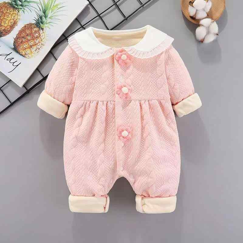 ロンパース 女の子 ベビー カバーオール 新生児 乳幼児 冬用 防寒 保温 中綿入り 裏起毛 長袖 プルオーバー コットン プリンセス かわいい 3つの花柄 お出かけ デイリー ピンク Aクラス