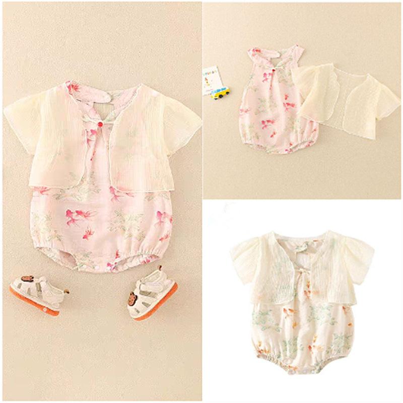 ロンパース 女の子 ベビー 新生児 夏用 薄手 UVカット 通気性 半袖 ポリエステル素材 チャイナドレス風..