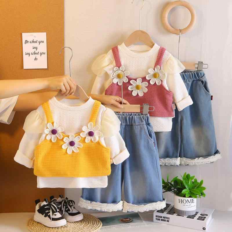 ベビー服 女の子 キッズ 重ね着風 長袖 かわいい 三つ花 フラワー キャミソールデザイン 綿95% やわらか素材 春秋 ロングパンツ セットアップ 1歳 2歳 3歳 80cm 90cm 100cm カジュアル ルームウェア