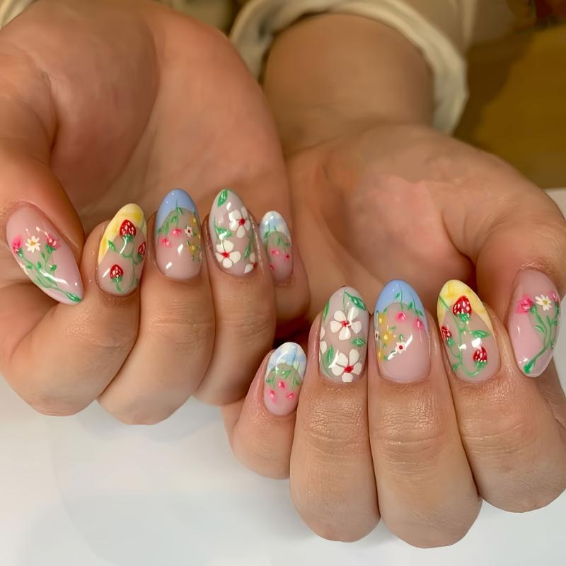 ネイルチップ レディース アーモンド型 かわいい いちご 花柄 ロマンティック ピンク系 インスタ映え ネイル 純欲系 取り外し可能 繰り返し使える 付け爪