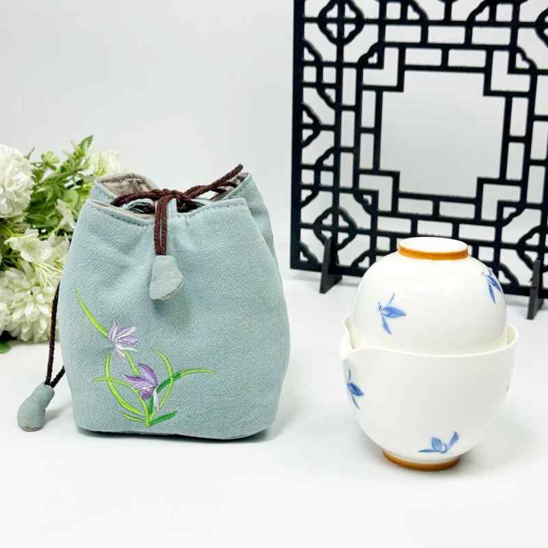 茶器収納ポーチ 中国風 刺繍 禅風 綿麻 トラベルポーチ 茶道具 携帯用 主人杯 茶壺 小物入れ 巾着袋 持..