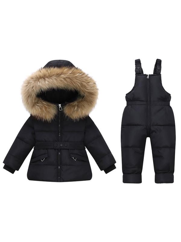 ダウンジャケット キッズ ベビー 男女兼用 フード付き ホワイトダックダウン 厚手 防寒 暖かい 股下スナップ サロペット 2点セット 秋冬 1才 2才 3才 4才 5才 お出かけ 通園着 黒 アイボリー ピンク パープル
