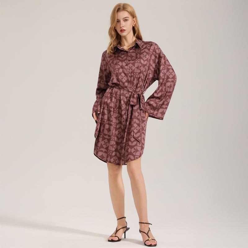 シャツワンピース レディース 接触冷感 薄手 軽量 サテン シフォン レトロ プリント 襟付き 長袖 カジ..