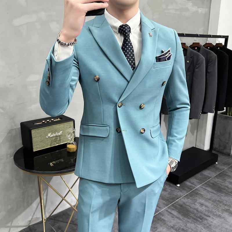 ・フロントボタン: ダブルブレスト2つボタン・主な素材: ポリエステル・襟型: ピークドラペル・シルエット: スリムフィット・カラー展開: 湖ブルー、デニムブルー、ブラック、オフホワイト・サイズ展開: M, L, XL, 2XL, 3XL, 4XL