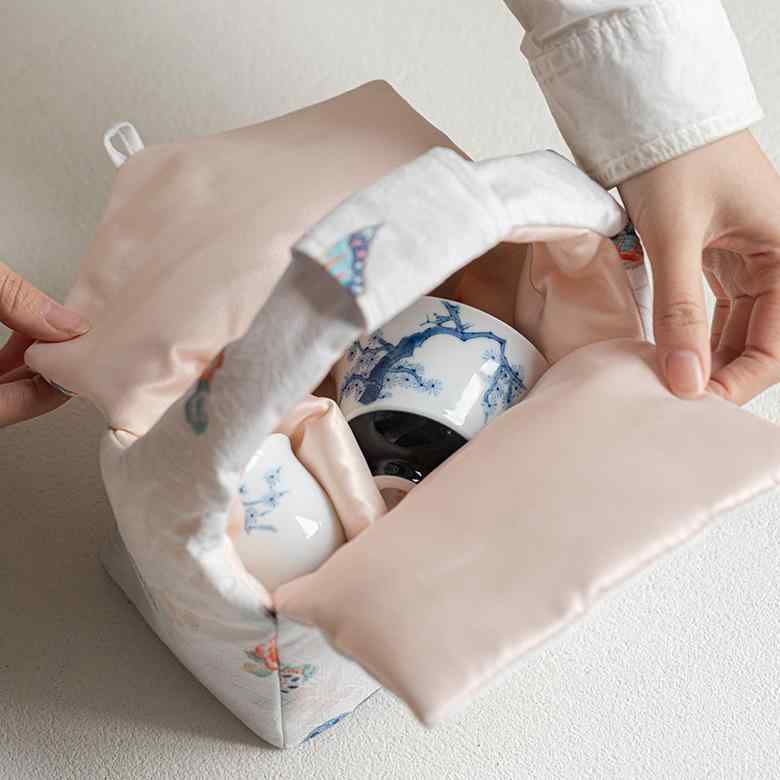 茶道具 レディース 純手作り 布製 携帯用 茶器セット 収納袋 ハンドバッグ 中華風 織錦 花柄 蝶柄 お茶..