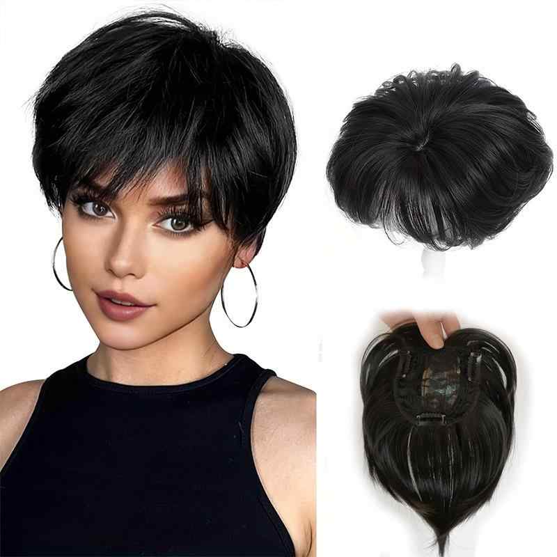 ヘアピース レディース 頭頂部 白髪隠し 増毛 ボリュームアップ ワンタッチ ショート ストレート 部分ウィッグ 耐熱ファイバー パーマ カラー可能 ブラック ダークブラウン ライトブラウン