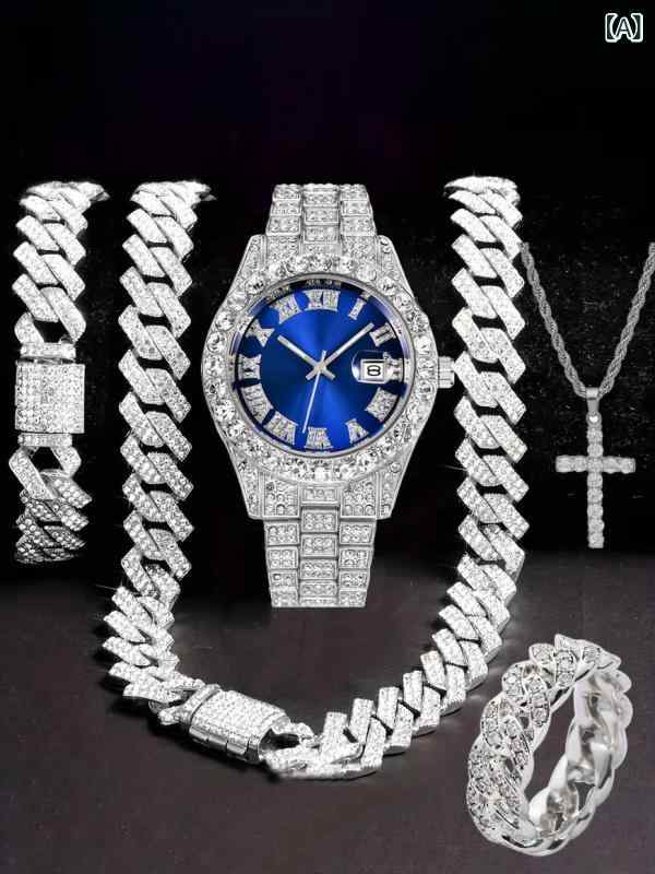 メンズ アクセサリーセット ヒップホップ ジルコニア クォーツ時計 キューバンチェーン クロス ペンダント ブレスレット 指輪 5点セット シルバー ゴールド コンビカラー ステンレス 生活防水