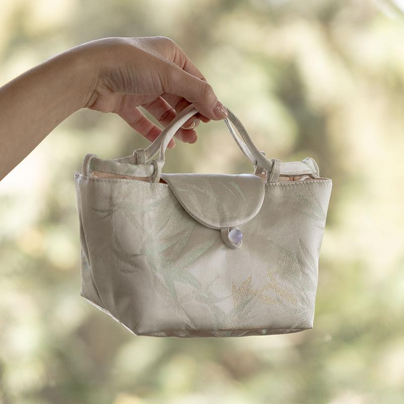 収納バッグ 携帯用 手提げ 綿麻布製 厚手 アウトドア 旅行 茶道具 ティーセット ポータブル茶器 竹影柄 多機能 男女兼用 グリーン グレ..