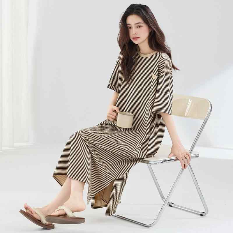 パジャマワンピース レディース 接触冷感 ストレッチ 通気性 ゆったり 大きいサイズ 半袖 綿 ロング丈 スリット入り ストライプ柄 部屋着 ワンマイルウェア 春夏 カジュアル