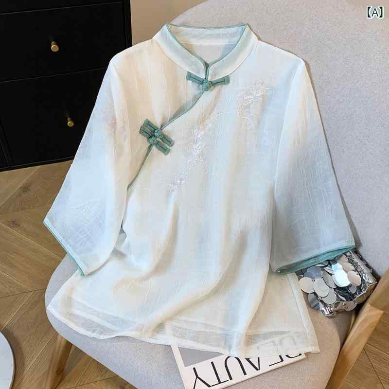 シャツ レディース 春夏 七分袖 刺繍 スタンドカラー チャイナ風 レトロ フリル カジュアル お茶会