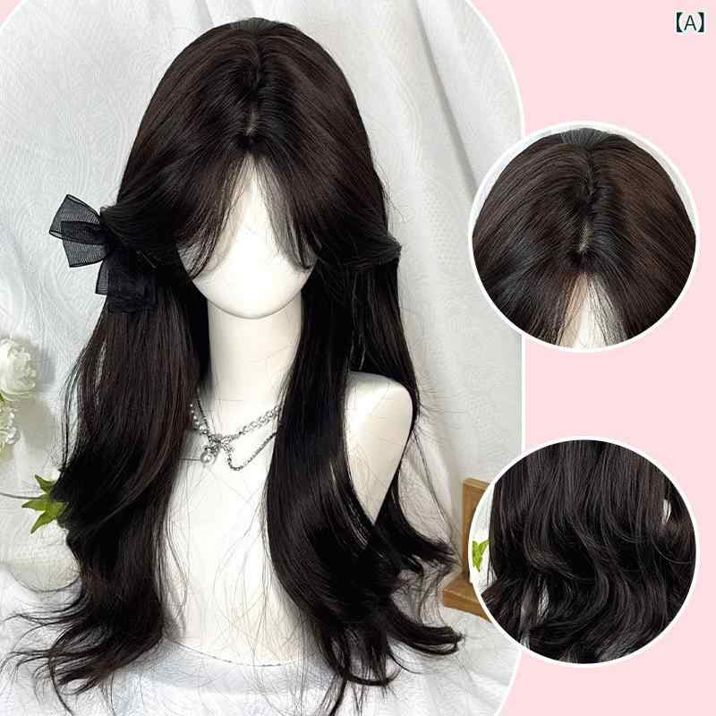 セキュアデポのウィッグ レディース フルウィッグ ロング 耐熱ファイバー 自然 かわいい 黒茶色 シースルーバング 小顔効果 普段使い おしゃれ ロングカール イメチェン ファッション｜アングル2