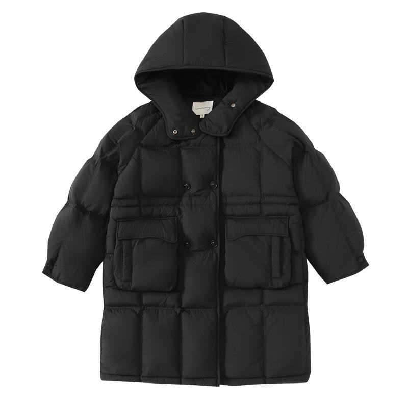 キッズ 女の子 厚手 防寒 保温 ダウンジャケット ミドル丈 フード付き 白ダックダウン 韓国風 おしゃれ トレンド ブラック 黒 冬 アウター コート ジュニア ガールズ 小学生 中学生