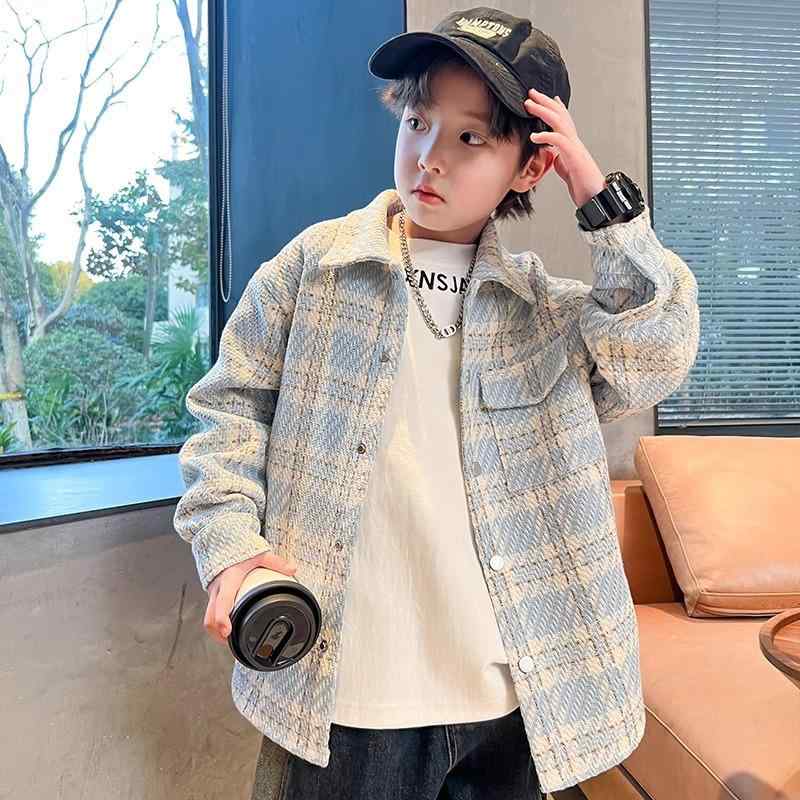 ジャケット 男の子 男児 ジュニア キッズ 春秋 チェック柄 長袖 襟付き シングルボタン ストリート系 カジュアル かっこいい 通学 普段着 羽織り ブラック ブルー ミドル丈
