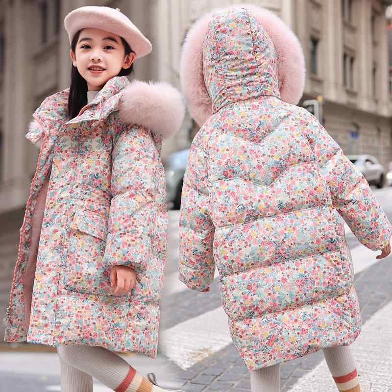 Coat - ダウンジャケット 女の子 ジュニア キッズ ホワイトダックダウン 厚手 フード付き あったか 防寒 ミドル丈 韓国風 花柄 おしゃれ 秋冬