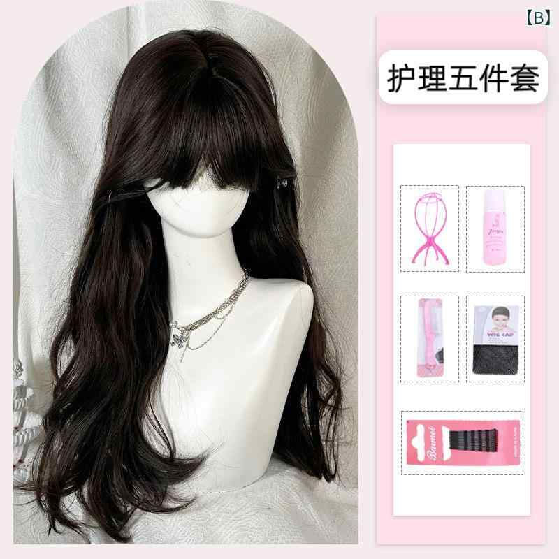 セキュアデポのフルウィッグ レディース ロリータ ロングストレート ぱっつん前髪 自然 リアル 耐熱ファイバー 普段使い ファッションウィッグ 韓国風 イメチェン 小顔効果 黒茶｜アングル3