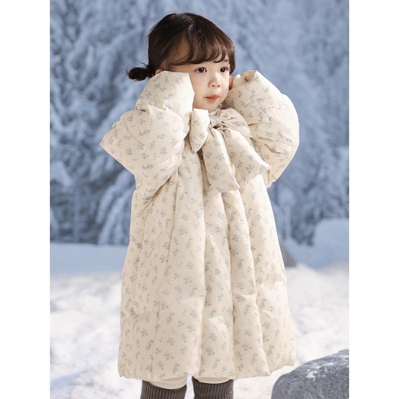 Kids' Girls Baby White Duck Down Jacket/Coat, 90% Down, Thick, Long Length, Small Floral Pattern, Ribbon, Nylon Material, Stylish, Cute, Korean Style, Autumn/Winter, Safe Children's Clothing, Ages 3, 4, 5, 6, 7, 8