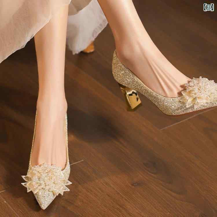 パンプス レディース 浅履き ポインテッドトゥ クリスタル ゴールド ラメ ハイヒール 太ヒール 結婚式 披露宴 二次会 お呼ばれ パーティー ウェディング ブライズメイド 2WAY secure-depo-10960564 セキュアデポ サンプル画像3