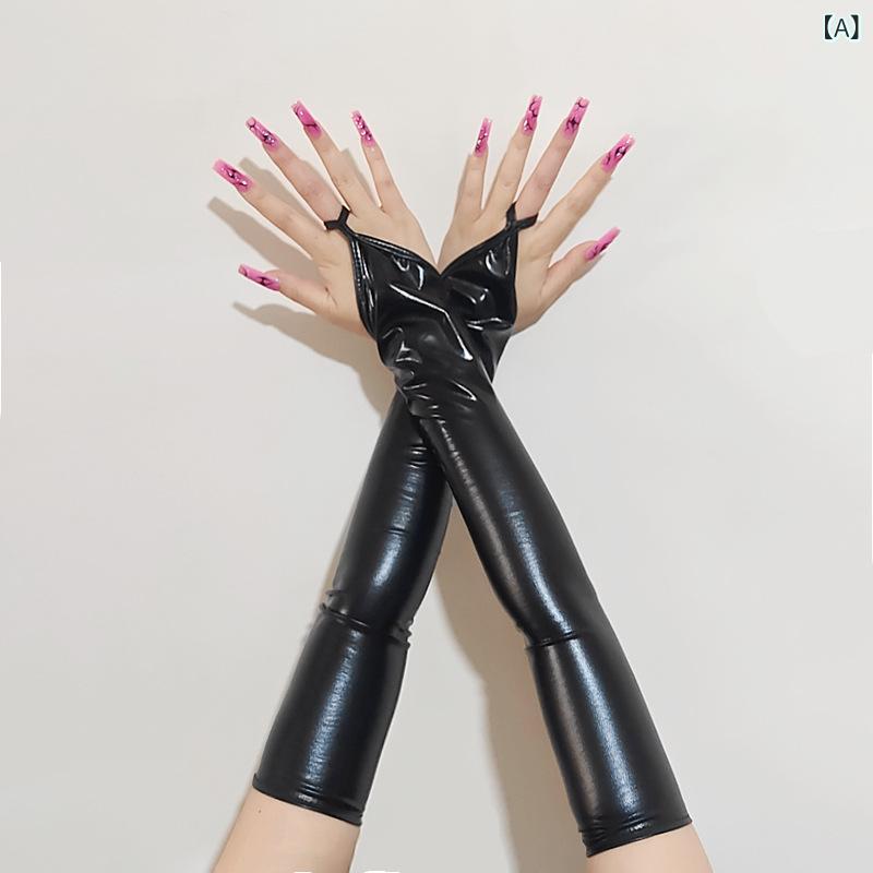手袋 レディース 指なし ロング 48cm エナメル調 光沢 セクシー パーティードレス...