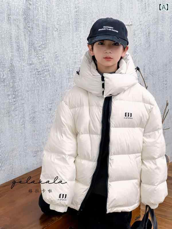 Coat - ダウンジャケット キッズ ジュニア 男の子 女の子 厚手 リバーシブル フード取り外し可能 ショート丈 ホワイトダックダウン 暖かい ゆったりシルエット ジップアップ 長袖 韓国風 秋冬 カジュアル 通学