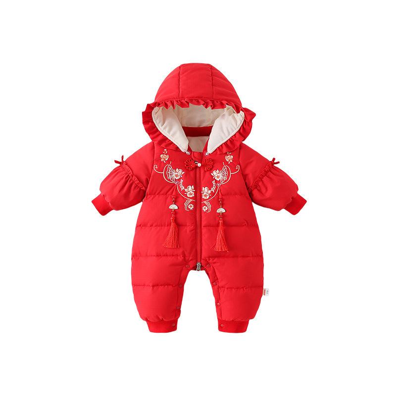 ベビー 女の子 ダウン ロンパース カバーオール 厚手 裏起毛 ホワイトダックダウン 新年 お正月 初詣 挨拶服 年賀状 チャイナ風 赤 防寒 冬物 フード付き 新生児 0歳 1歳 かわいい