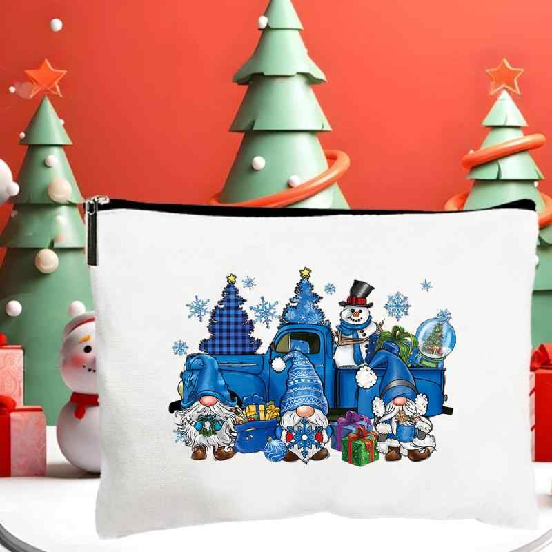 化粧ポーチ コスメポーチ キャンバス ファスナー付き 薄型 小物入れ ペンケース 25×17cm 軽量 カジュアル クリスマス 熱転写プリント マチなし