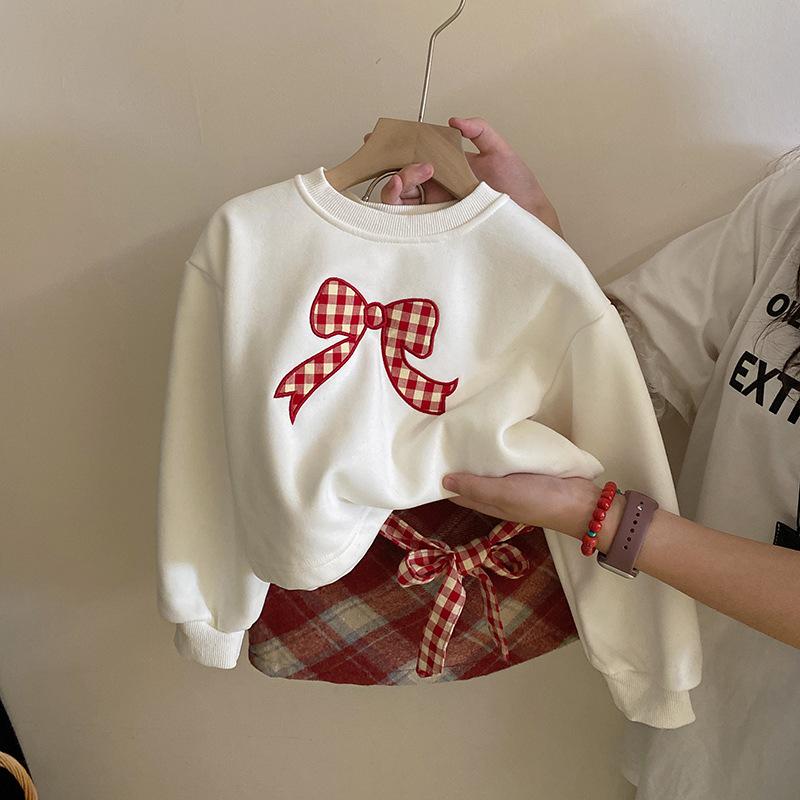 キッズ 女の子 裏起毛 厚手 防寒 ソフトタッチ 韓国風 かわいい プリンセス リボン スウェット チェック柄 スカート セットアップ 秋冬 コットン混紡
