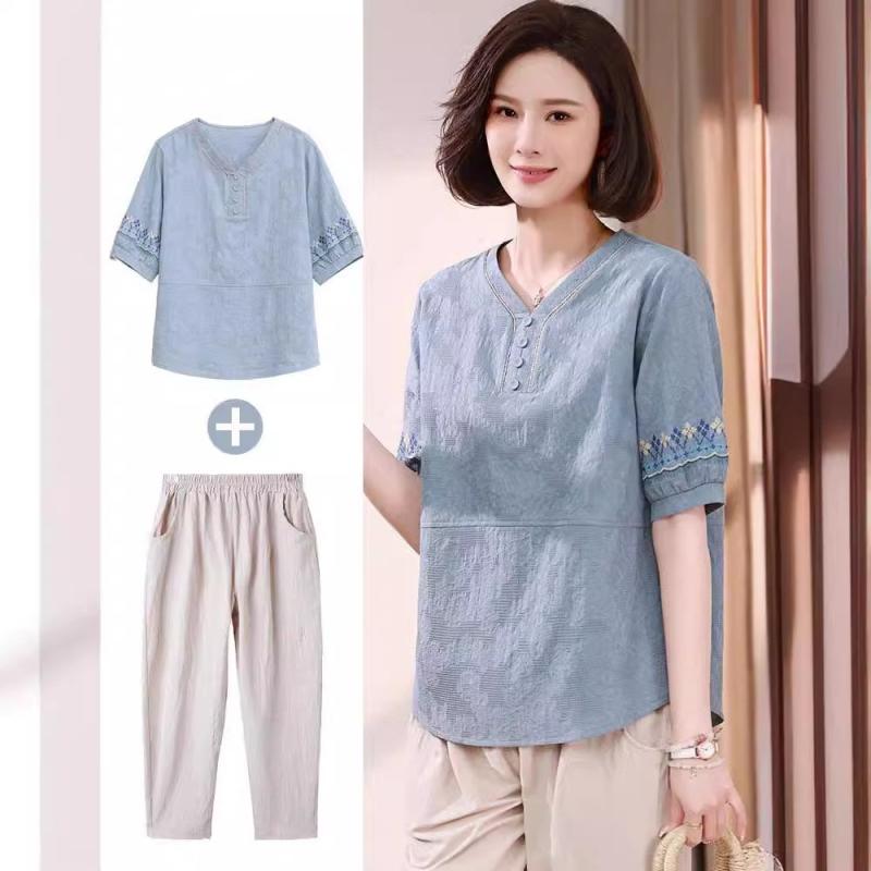 セットアップ レディース ミセス 春夏 綿麻 薄手 涼しい 通気性 半袖 Tシャツ 九分丈 パンツ ゆったり お母さん世代 上品 エレガント カジュアル 部屋着 ワンマイルウェア 2点セット