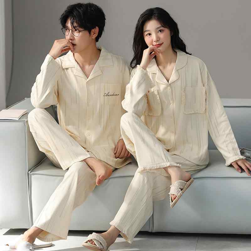 パジャマ レディース メンズ カップル ペア 綿100% 長袖 ロングパンツ 春秋 部屋着 ルームウェア 外出O..