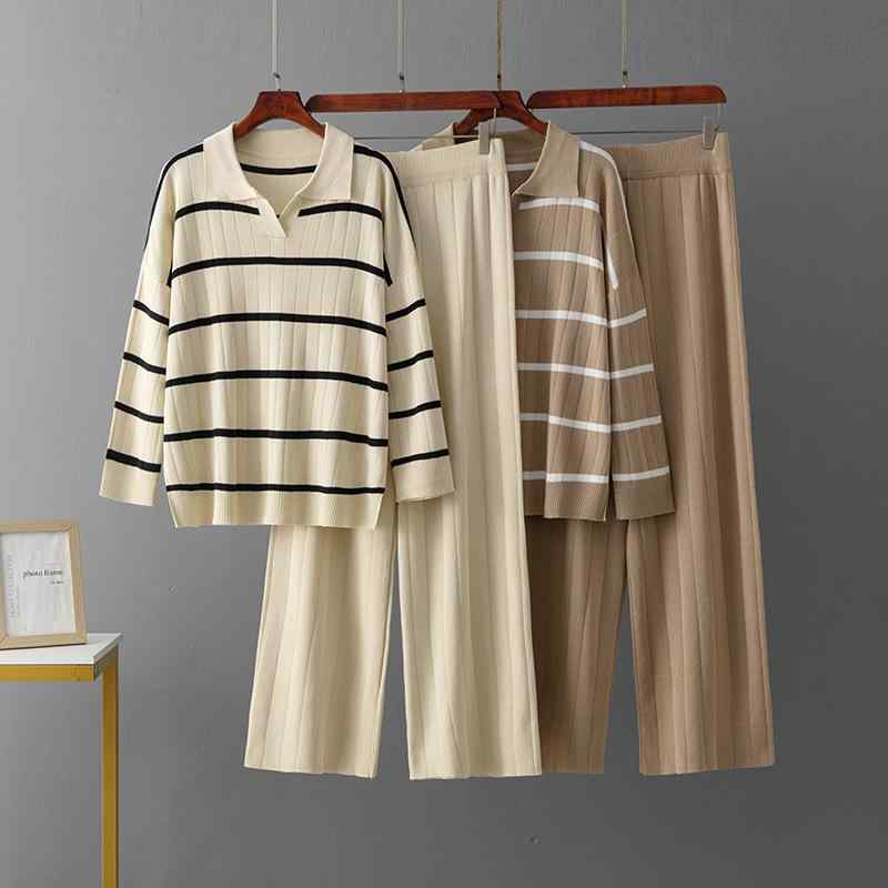 セットアップ レディース きれいめ 通勤 オフィス カジュアル 配色 ストライプ Vネック ニットトップス 長袖 ハイウエスト ワイドパンツ ゆったり リラックス 秋冬 レーヨン フリーサイズ