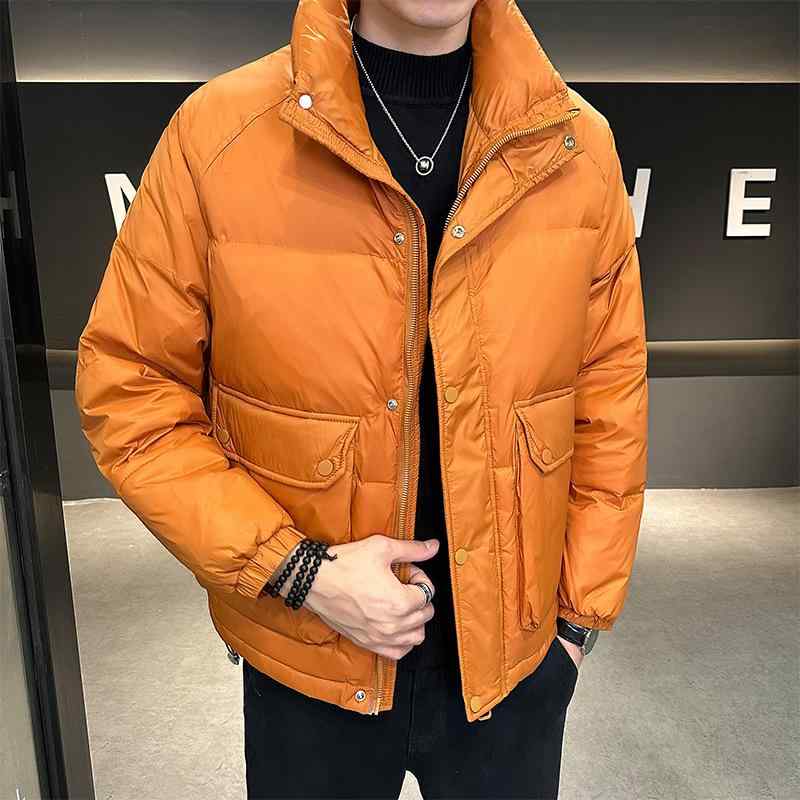 Jacket - ダウンジャケット メンズ スタンドカラー ショート丈 保温 防寒 軽量 厚手 ゆったり ルーズフィット カジュアル 韓国ファッション 無地 ホワイトダックダウン ジップアップ ポケット付き 着回し アウター