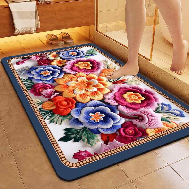 Door Mats - 珪藻土バスマット 玄関マット 吸水 速乾 滑り止め 浴室 洗面所 脱衣所 家庭用 3D立体デザイン モダン花柄 手洗いOK 耐久性