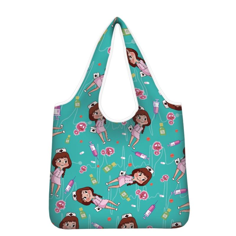 樂天商城 - エコバッグ 男女兼用 看護師 シリンジ柄 プリント 大容量 軽量 携帯用 撥水 ポリエステル製 トートバッグ ショルダーバッグ お出かけ 普段使い 通勤 通学 春夏