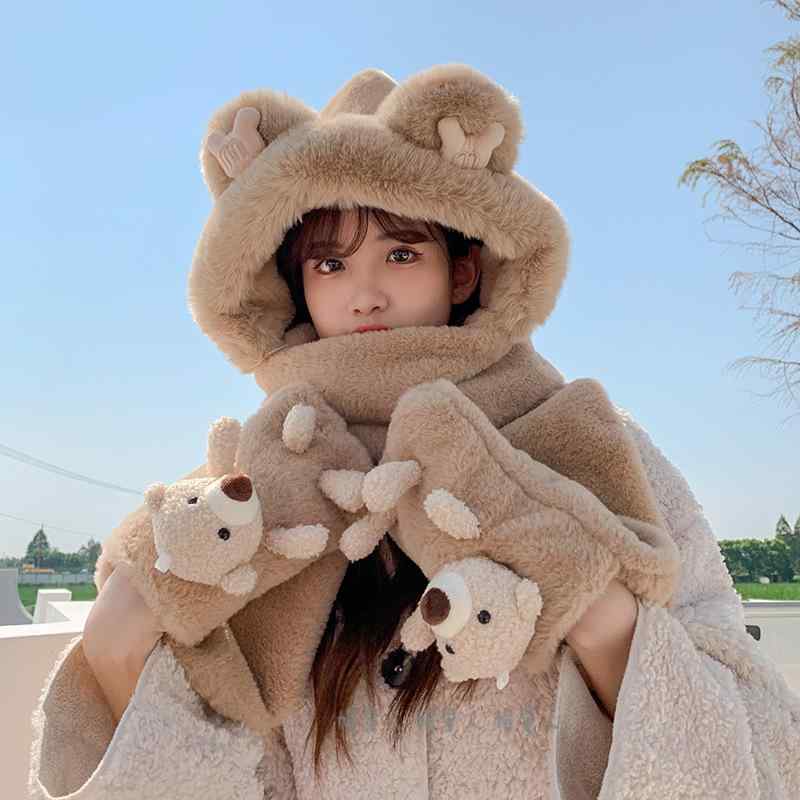 Other - 帽子 レディース 子供 フライトキャップ 耳あて付き 一体型 マフラー 手袋 3点セット あったか 防寒 ふわふわ もこもこ かわいい クマ 秋冬 万能