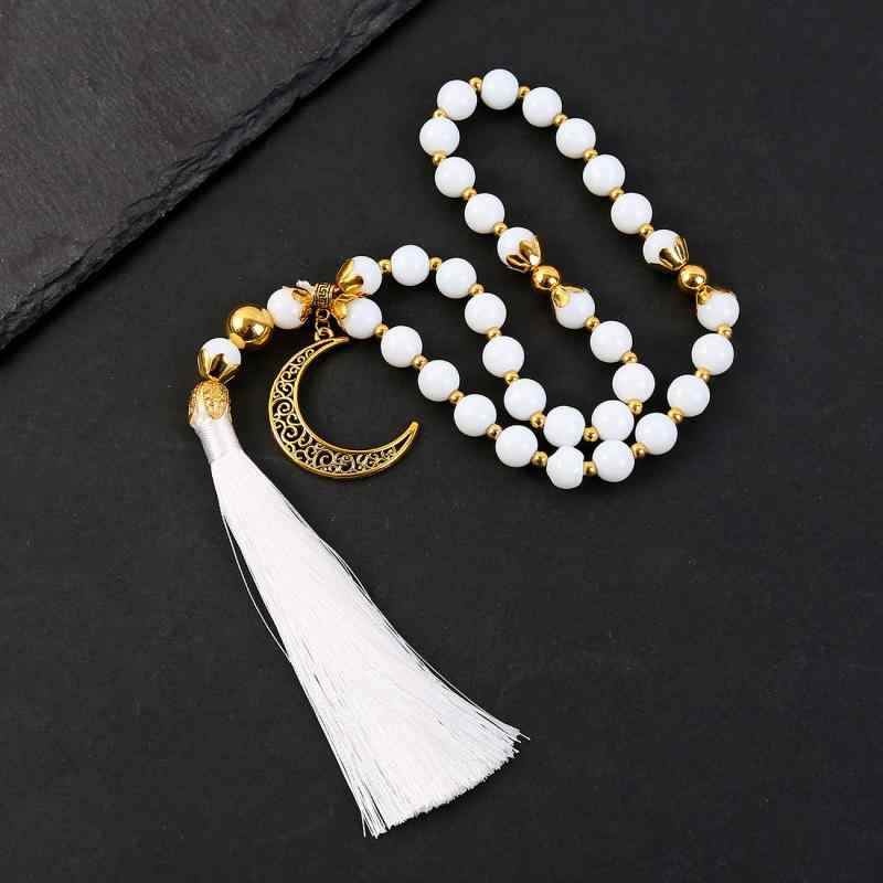 White Coral - 数珠 メンズ レディース 男女兼用 イスラム教 祈祷 33粒 12mm ガラス 瑠璃 タッセル フリンジ 月 ムーン レトロ ヴィンテージ ブレスレット 腕輪