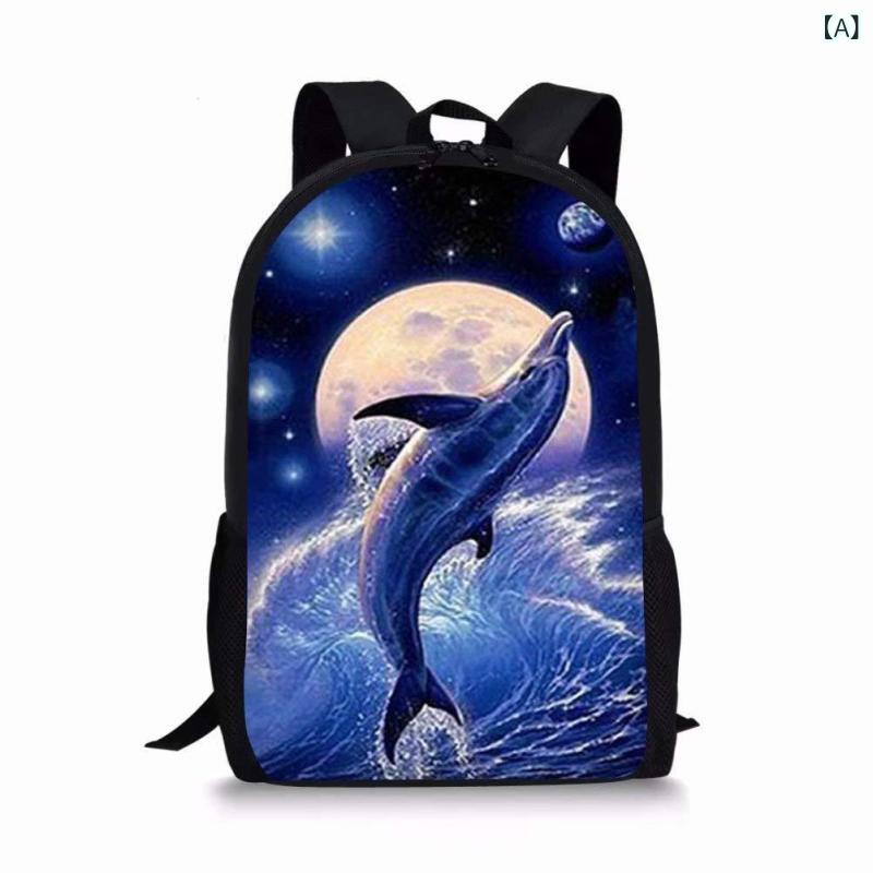 リュックサック キッズ 小学生 中学生 イルカ柄 マリンモチーフ 大容量 軽量 20L 30L A4対応 通学 塾 習い事 ポリエステル製 ファスナー開閉 スマホポケットの商品画像 2