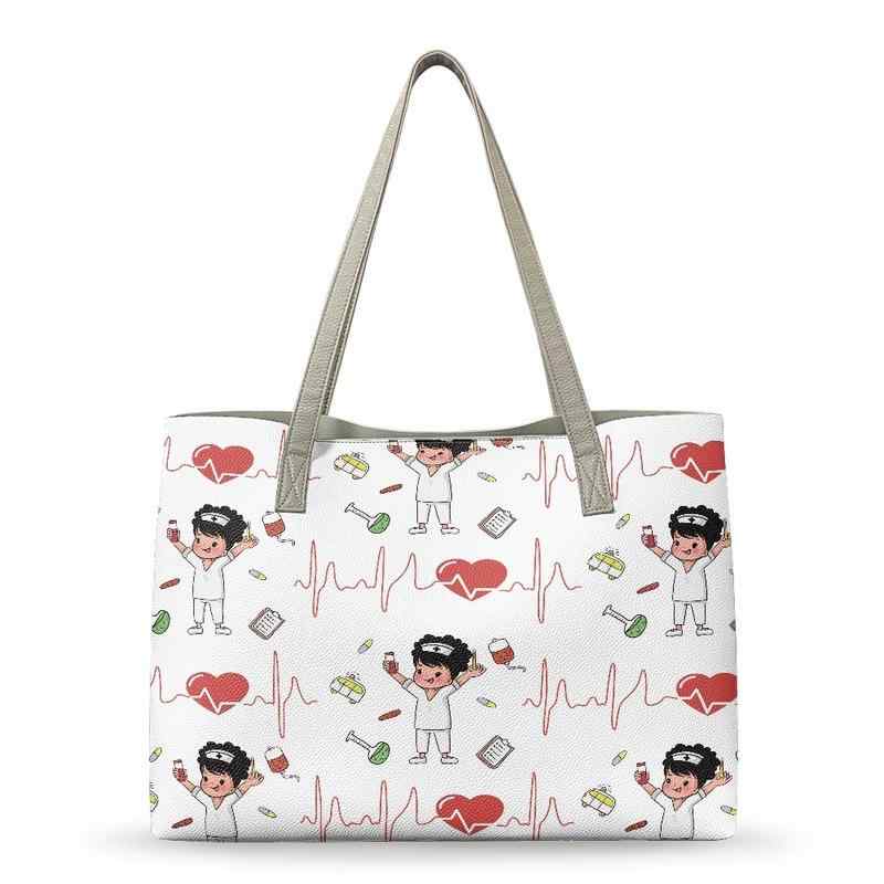 バッグ レディース フェイクレザー 2WAY ハンドバッグ ショルダーバッグ ナース カートゥーン柄 プリント かわいい 通勤 通学 デイリーユース ミディアムサイズ 横型 スクエア型 カジュアル オープン開閉