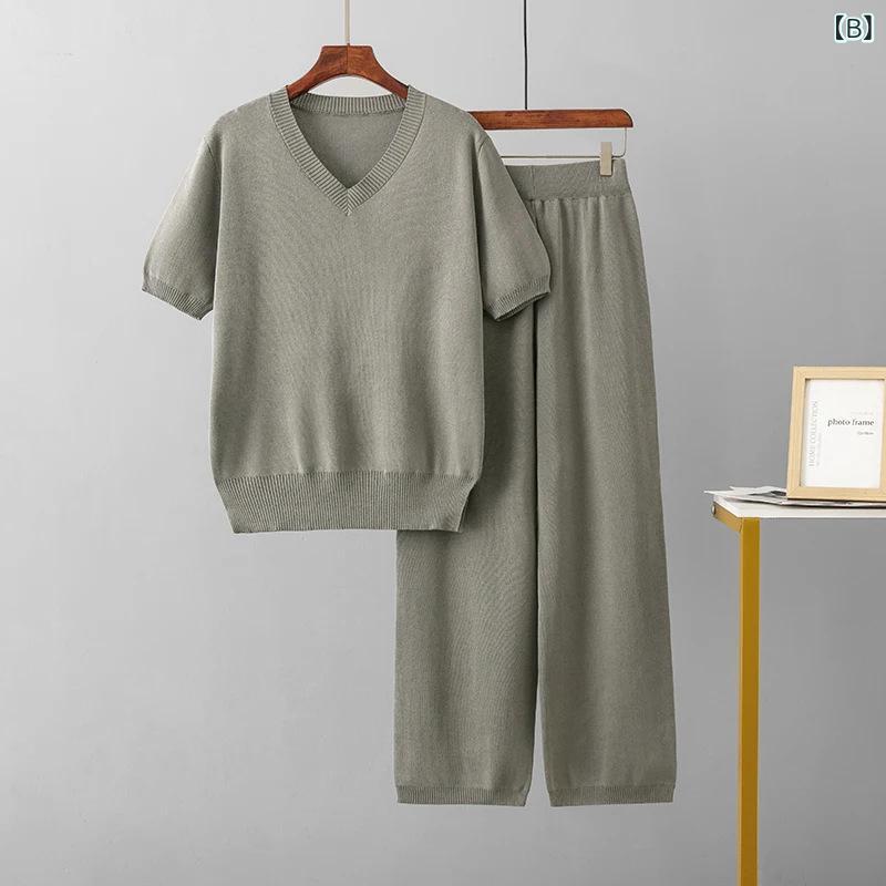 サマーニット セットアップ レディース ゆったり ノースリーブ ハイウエスト ドレープ ストレート 九分丈パンツ 再生繊維 通勤カジュアル 黒 グレー カーキ ブルー